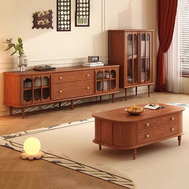 Traditional Vintage Rubber Wood Veneer Glass Elongated Oval Coffee Table With 2 Drawers For Living Room