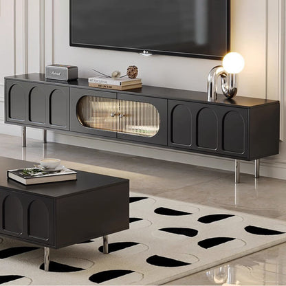 Traditional French Engineered Wood Stainless Steel Glass Cylindrical Rectangular TV Stand With 2 Drawers For Living Room
