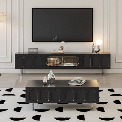 Traditional French Engineered Wood Stainless Steel Glass Cylindrical Rectangular TV Stand With 2 Drawers For Living Room