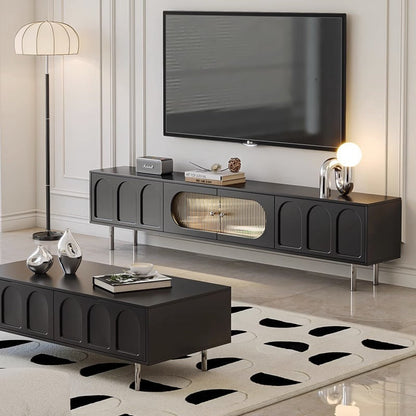 Traditional French Engineered Wood Stainless Steel Glass Cylindrical Rectangular TV Stand With 2 Drawers For Living Room