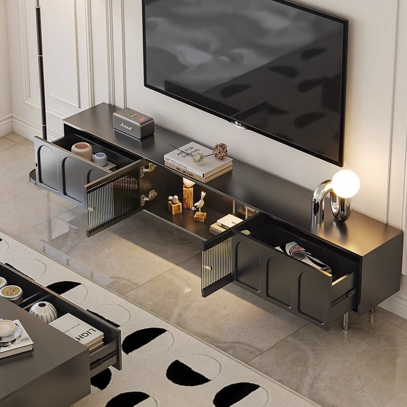 Traditional French Engineered Wood Stainless Steel Glass Cylindrical Rectangular TV Stand With 2 Drawers For Living Room