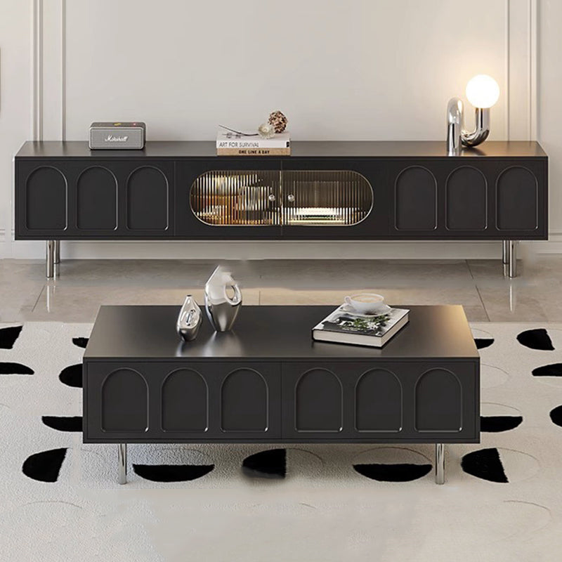 Traditional French Engineered Wood Stainless Steel Glass Cylindrical Rectangular TV Stand With 2 Drawers For Living Room