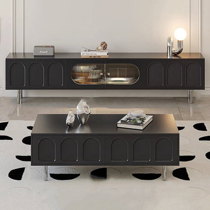 Traditional French Engineered Wood Stainless Steel Glass Cylindrical Rectangular TV Stand With 2 Drawers For Living Room