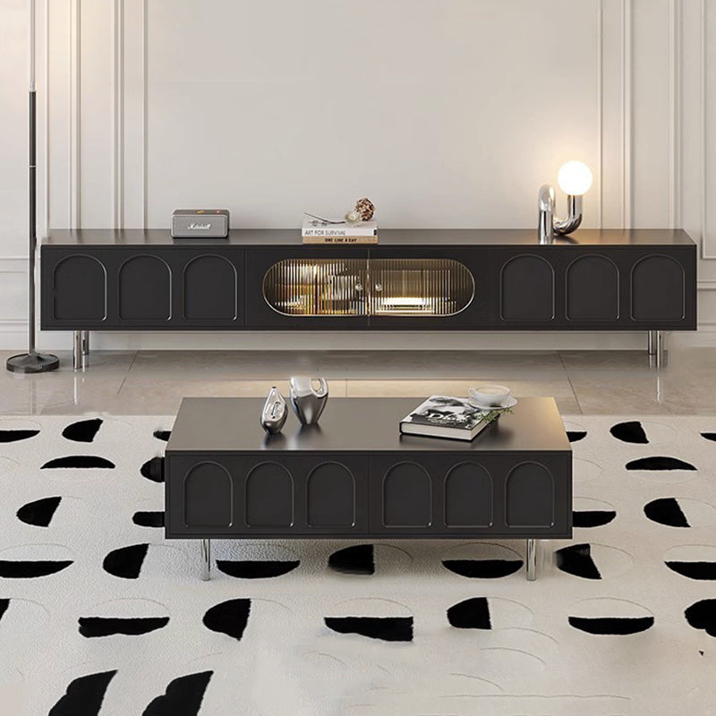 Traditional French Engineered Wood Stainless Steel Glass Cylindrical Rectangular TV Stand With 2 Drawers For Living Room