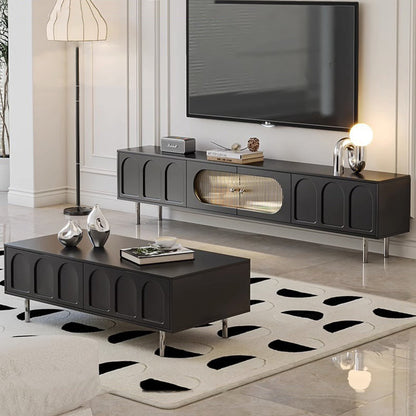 Traditional French Engineered Wood Stainless Steel Glass Cylindrical Rectangular TV Stand With 2 Drawers For Living Room