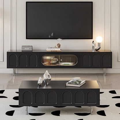 Traditional French Engineered Wood Stainless Steel Glass Cylindrical Rectangular TV Stand With 2 Drawers For Living Room