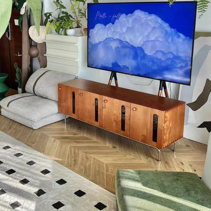 Traditional Vintage Pine Wood Solid Wood Multi-Layer Board Curved Rectangular TV Stand With 4 Storage For Living Room