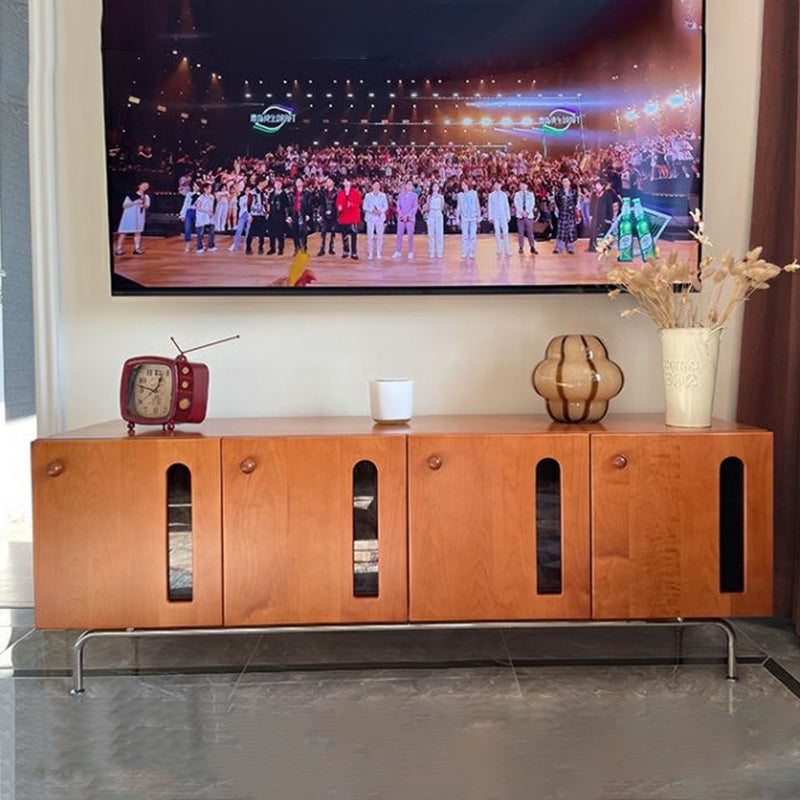 Traditional Vintage Pine Wood Solid Wood Multi-Layer Board Curved Rectangular TV Stand With 4 Storage For Living Room