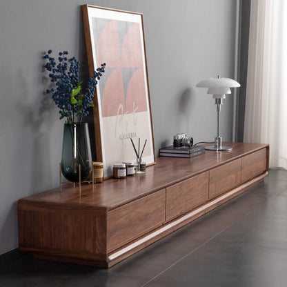 Traditional Chinese Black Walnut Wood Rounded Rectangular TV Stand With 4 Drawers For Living Room