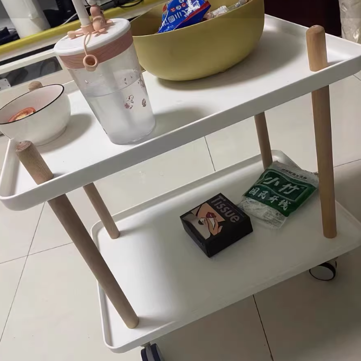 Modern Minimalist Solid Wood Plastic Rounded Square Movable Cylinder Side Table 2-Tier For Living Room