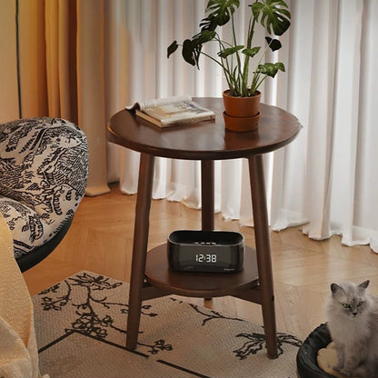 Traditional Vintage Rubber Wood Round Cylinder End Table 2-Tier For Living Room