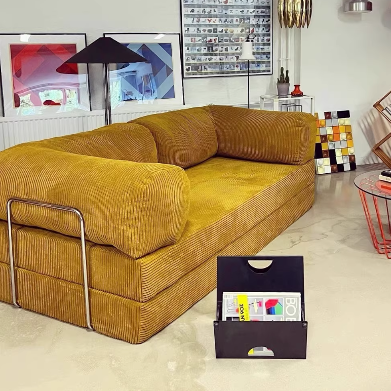 Modern Minimalist Stainless Steel Fabric Corduroy Curved Square Sofa With Backrest & Armrests For Living Room