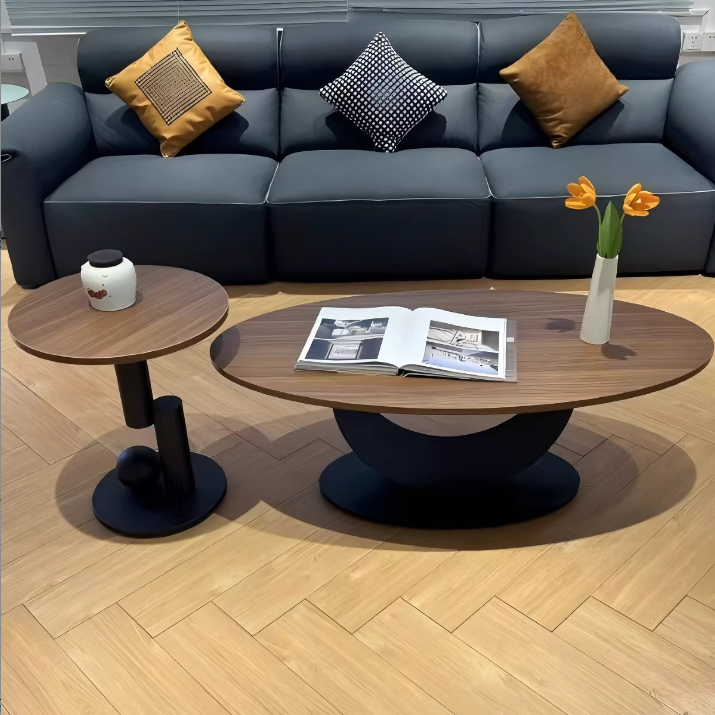 Contemporary Scandinavian Engineered Wood Iron Oval Curved Coffee Table 1-Tier For Living Room
