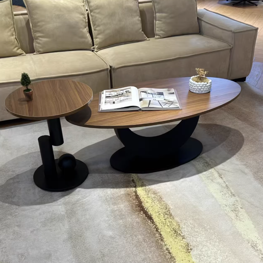 Contemporary Scandinavian Engineered Wood Iron Oval Curved Coffee Table 1-Tier For Living Room