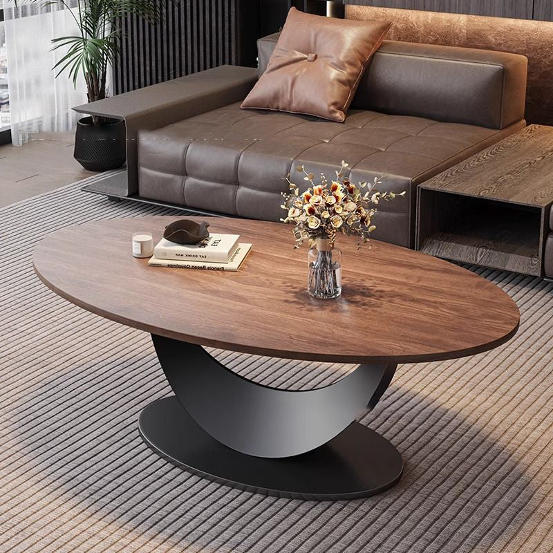 Contemporary Scandinavian Engineered Wood Iron Oval Curved Coffee Table 1-Tier For Living Room