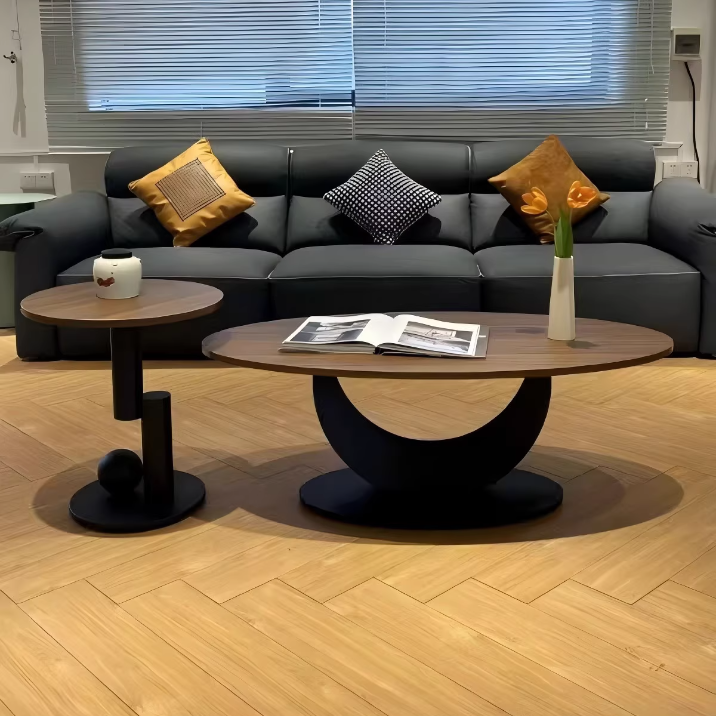 Contemporary Scandinavian Engineered Wood Iron Oval Curved Coffee Table 1-Tier For Living Room