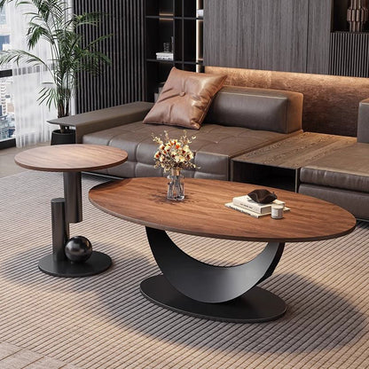 Contemporary Scandinavian Engineered Wood Iron Oval Curved Coffee Table 1-Tier For Living Room