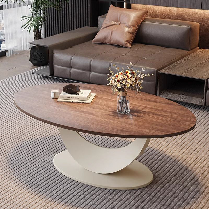 Contemporary Scandinavian Engineered Wood Iron Oval Curved Coffee Table 1-Tier For Living Room