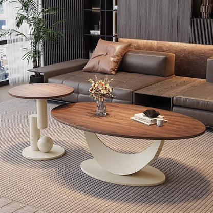Contemporary Scandinavian Engineered Wood Iron Oval Curved Coffee Table 1-Tier For Living Room