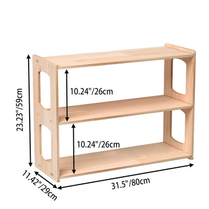 Modern Minimalist Pine Wood Rectangular Storage Shelf 3-Tier For Living Room