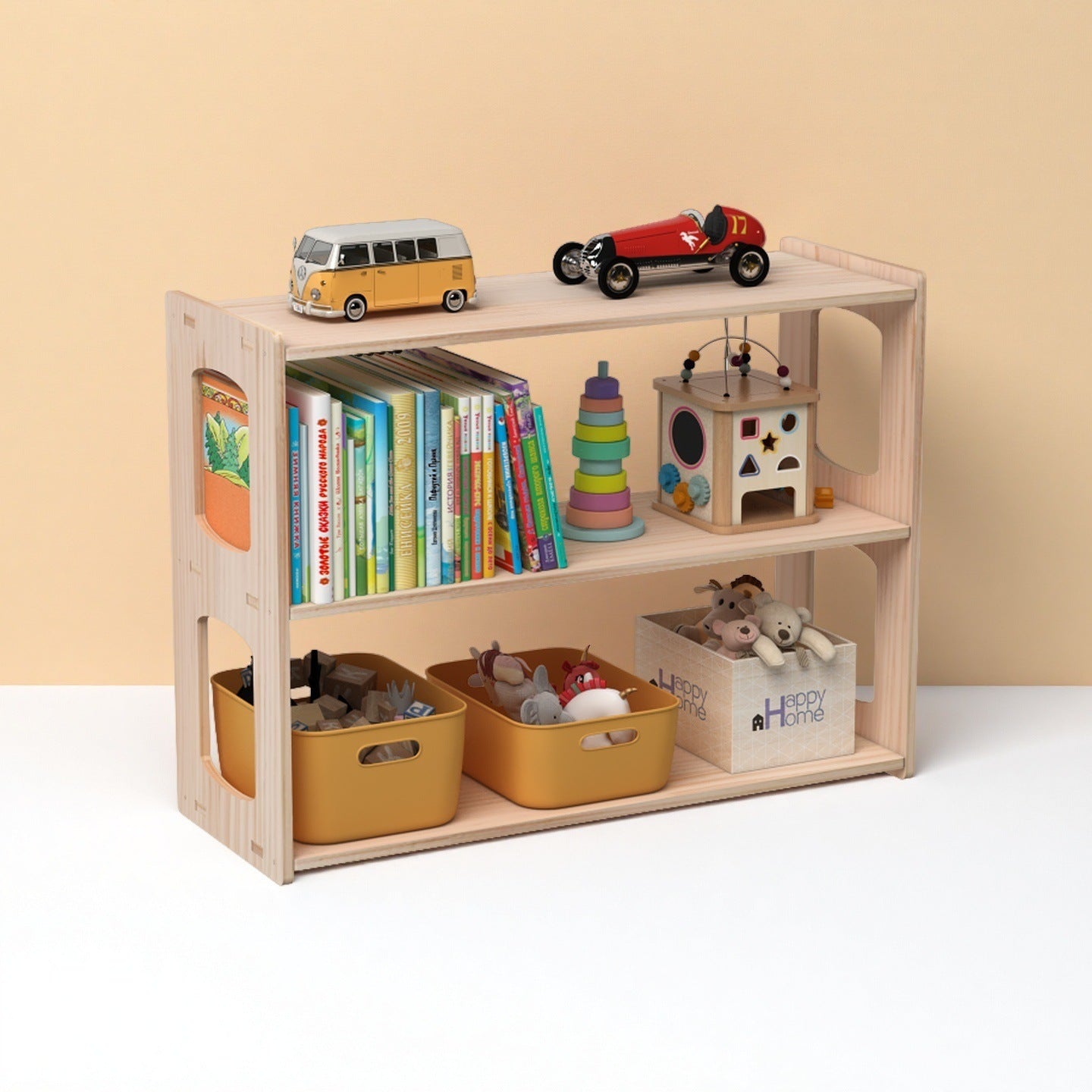 Modern Minimalist Pine Wood Rectangular Storage Shelf 3-Tier For Living Room