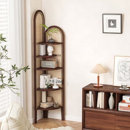 Traditional Chinese Pine Wood PE Arched Corner Shelf Unit 5-Tier For Living Room