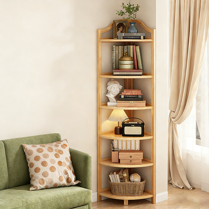 Modern Minimalist Bamboo Fan-Shaped Right-Angle Corner Shelf Unit 3/4/5/6 Tier For Living Room