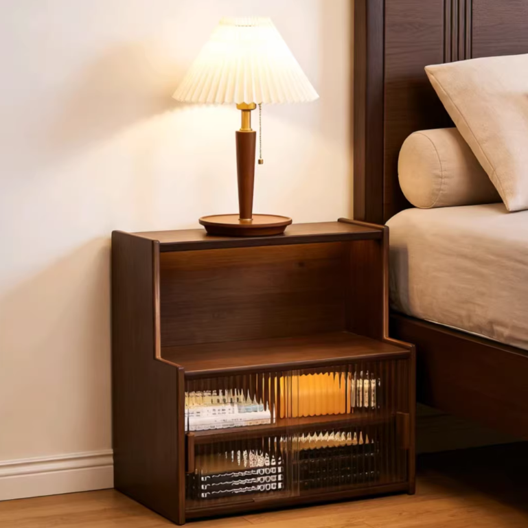 Traditional Vintage Rubberwood Glass Rounded Rectangular Storage Shelf 3/4 Tier For Bedroom