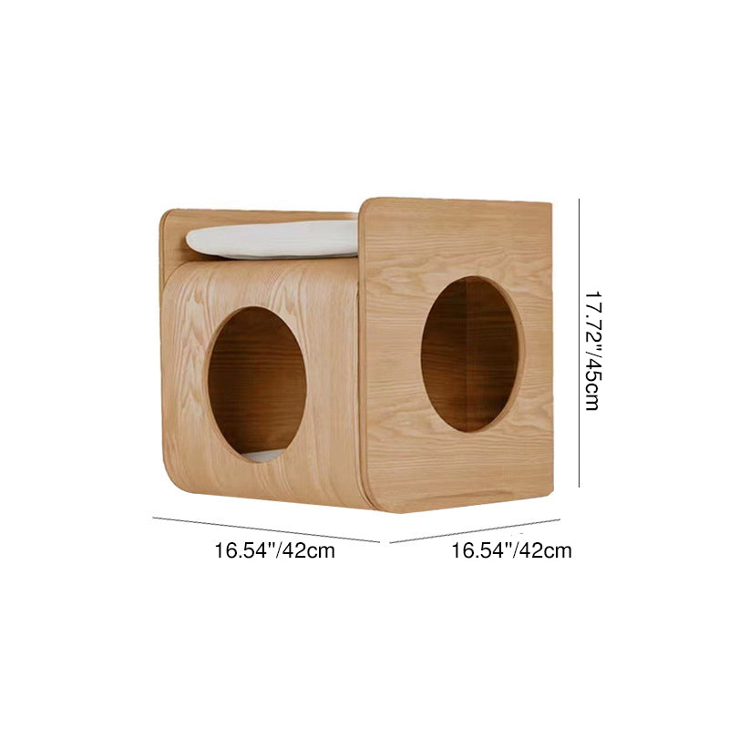 Traditional Chinese Oak Multi-Layer Board Rounded Square Cat Bed 1/2 Storage For Bedroom