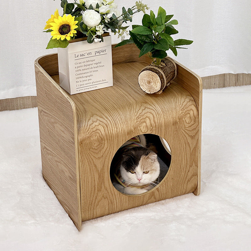 Traditional Chinese Oak Multi-Layer Board Rounded Square Cat Bed 1/2 Storage For Bedroom