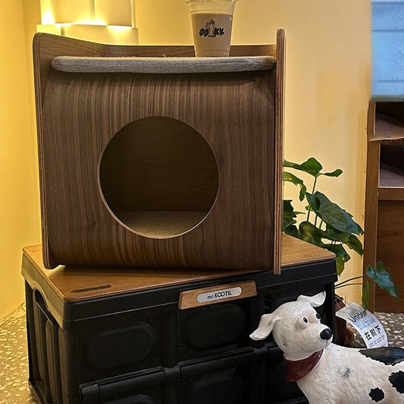 Traditional Chinese Oak Multi-Layer Board Rounded Square Cat Bed 1/2 Storage For Bedroom