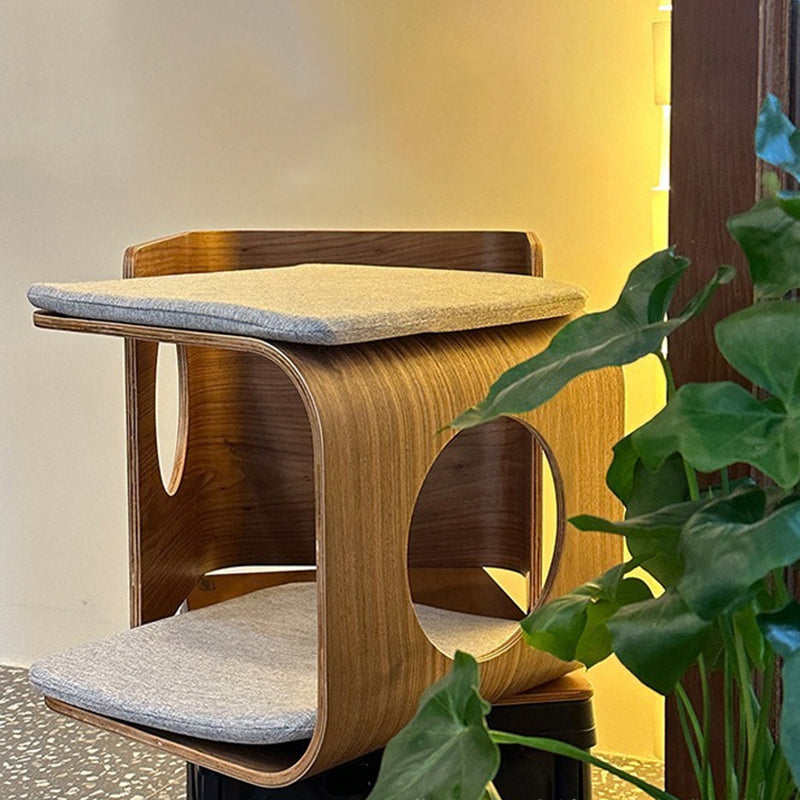 Traditional Chinese Oak Multi-Layer Board Rounded Square Cat Bed 1/2 Storage For Bedroom