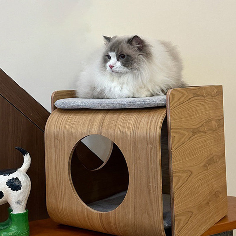 Traditional Chinese Oak Multi-Layer Board Rounded Square Cat Bed 1/2 Storage For Bedroom