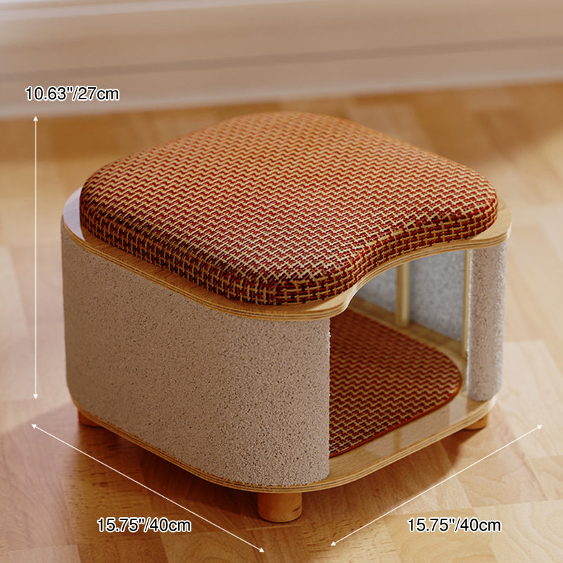 Traditional Chinese Solid Wood Rattan Mat Curved Square Cat House 2-Tier For Bedroom