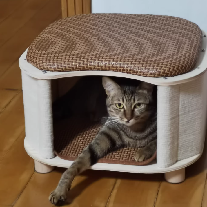 Traditional Chinese Solid Wood Rattan Mat Curved Square Cat House 2-Tier For Bedroom
