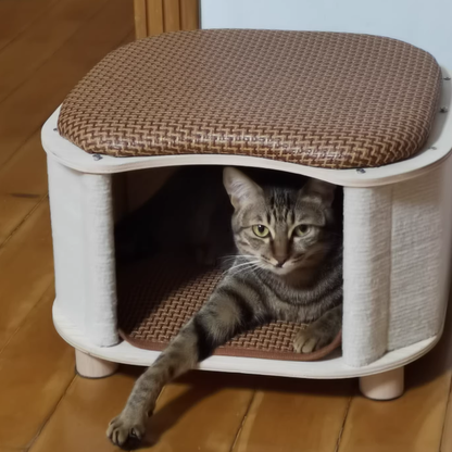 Traditional Chinese Solid Wood Rattan Mat Curved Square Cat House 2-Tier For Bedroom