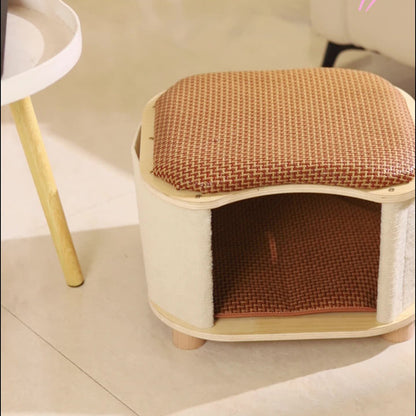 Traditional Chinese Solid Wood Rattan Mat Curved Square Cat House 2-Tier For Bedroom