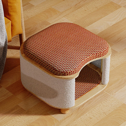 Traditional Chinese Solid Wood Rattan Mat Curved Square Cat House 2-Tier For Bedroom