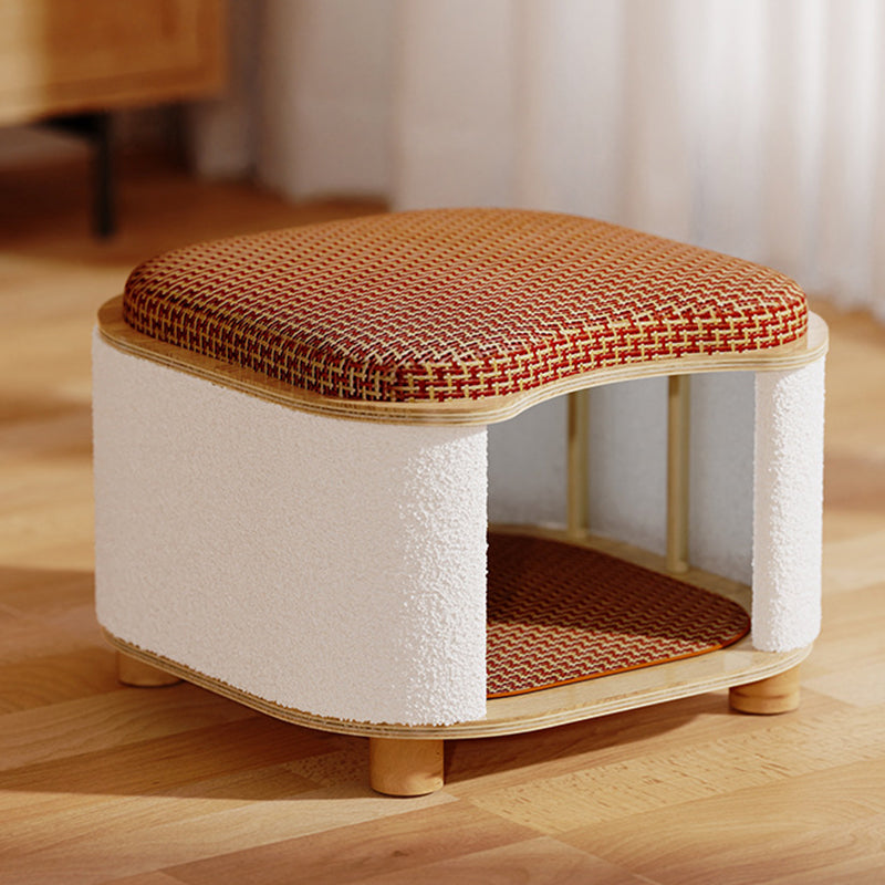 Traditional Chinese Solid Wood Rattan Mat Curved Square Cat House 2-Tier For Bedroom