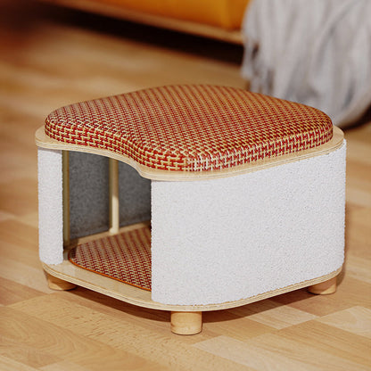 Traditional Chinese Solid Wood Rattan Mat Curved Square Cat House 2-Tier For Bedroom
