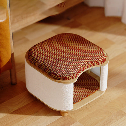 Traditional Chinese Solid Wood Rattan Mat Curved Square Cat House 2-Tier For Bedroom