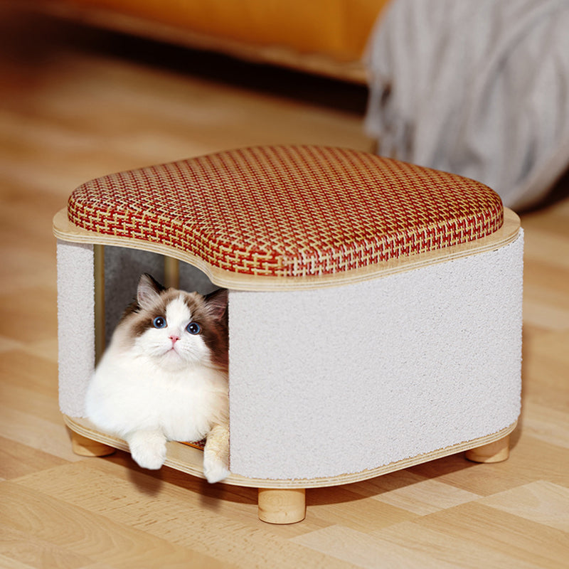 Traditional Chinese Solid Wood Rattan Mat Curved Square Cat House 2-Tier For Bedroom