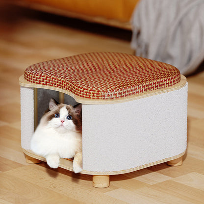 Traditional Chinese Solid Wood Rattan Mat Curved Square Cat House 2-Tier For Bedroom