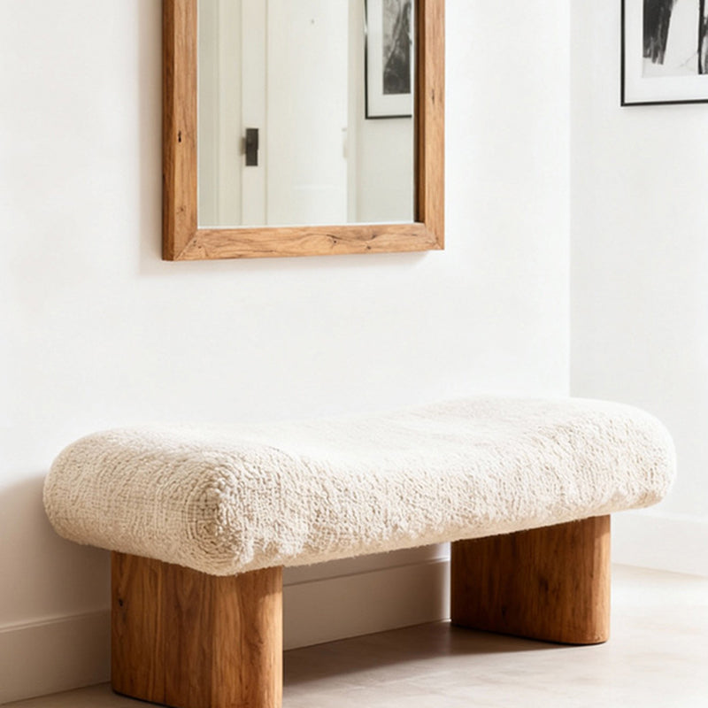 Contemporary Scandinavian Sherpa Fabric Pine Wood Curved Square Shoe Bench For Living Room