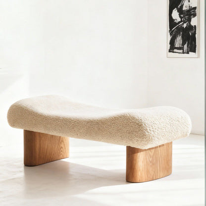 Contemporary Scandinavian Sherpa Fabric Pine Wood Curved Square Shoe Bench For Living Room