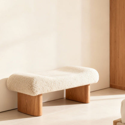 Contemporary Scandinavian Sherpa Fabric Pine Wood Curved Square Shoe Bench For Living Room