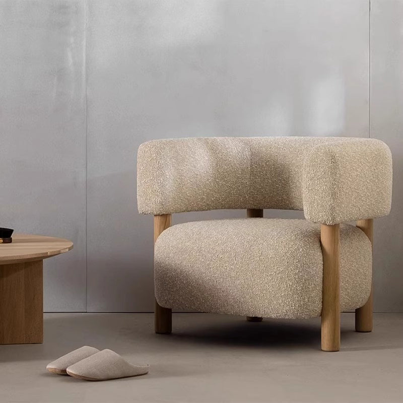 Contemporary Scandinavian Sherpa Fabric Solid Wood Curved Rounded Square Accent Chair With Armrests Backrest For Living Room