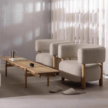 Contemporary Scandinavian Sherpa Fabric Solid Wood Curved Rounded Square Accent Chair With Armrests Backrest For Living Room