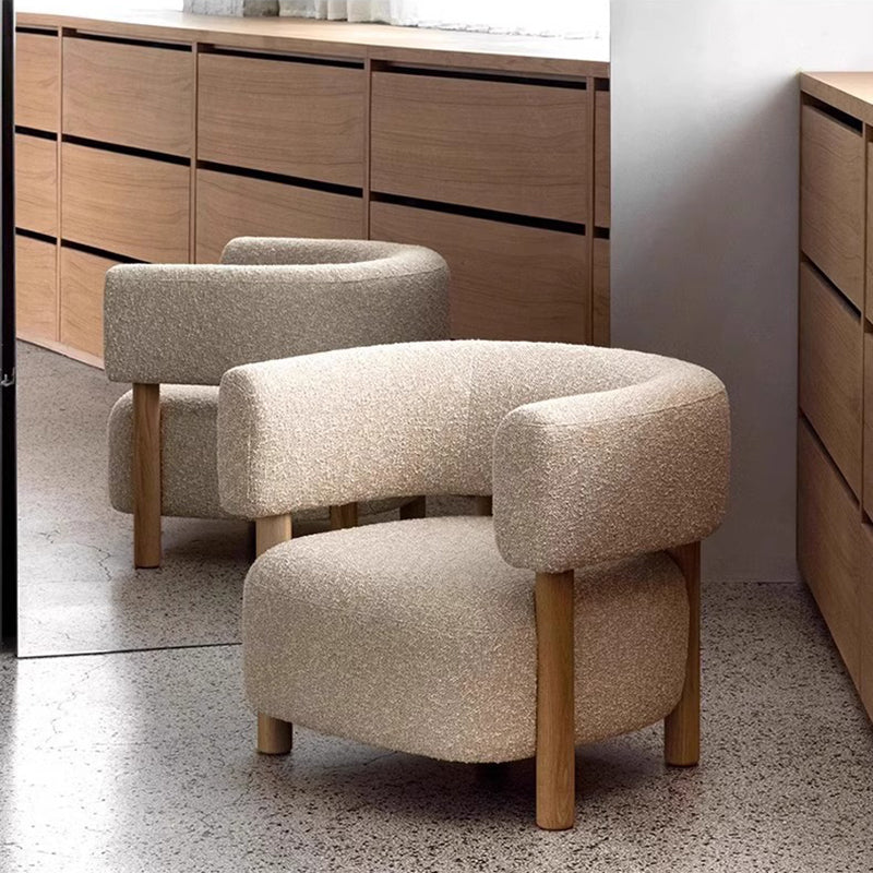 Contemporary Scandinavian Sherpa Fabric Solid Wood Curved Rounded Square Accent Chair With Armrests Backrest For Living Room