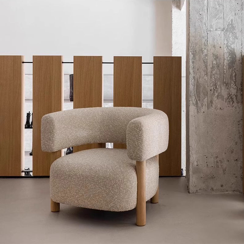 Contemporary Scandinavian Sherpa Fabric Solid Wood Curved Rounded Square Accent Chair With Armrests Backrest For Living Room